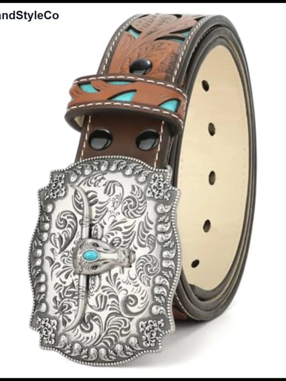 Genuine Leather Western Belt Engraved Tooled Interchangeable Buckle